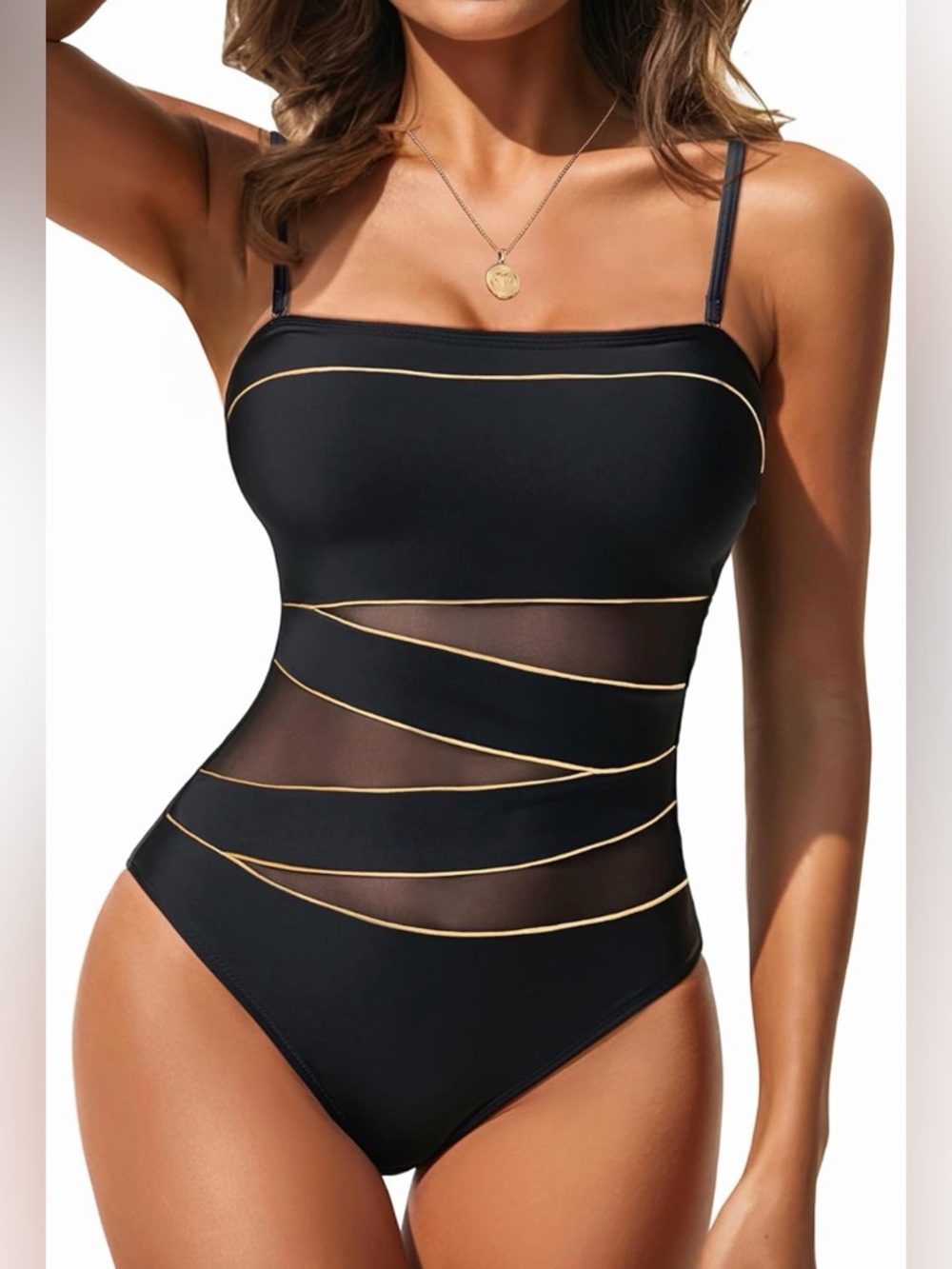 Holipick Women Strapless Bandeau One Piece Swimsuits Sexy Mesh